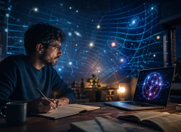 Estudiante investigando el espacio-tiempo con un ordenador y cuaderno