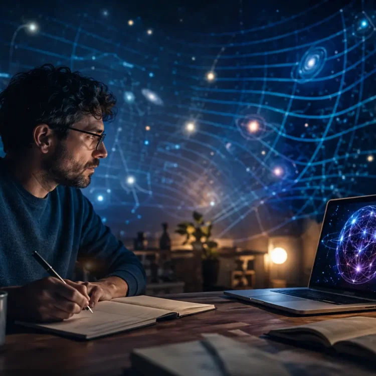 Estudiante investigando el espacio-tiempo con un ordenador y cuaderno