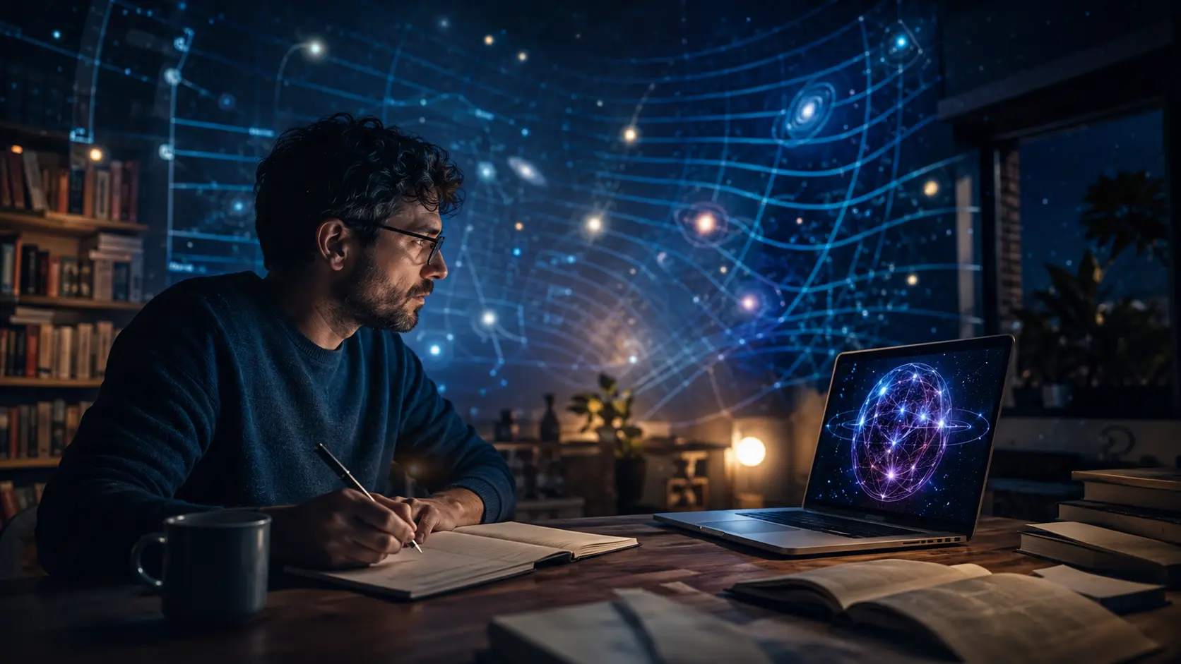 Estudiante investigando el espacio-tiempo con un ordenador y cuaderno