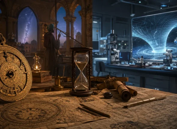 Astrolabio y reloj de arena junto a un laboratorio moderno del espacio-tiempo