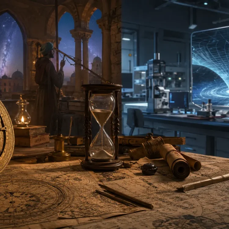 Astrolabio y reloj de arena junto a un laboratorio moderno del espacio-tiempo