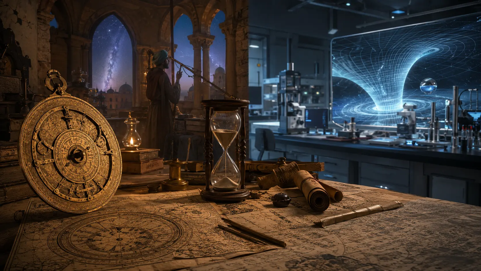 Astrolabio y reloj de arena junto a un laboratorio moderno del espacio-tiempo