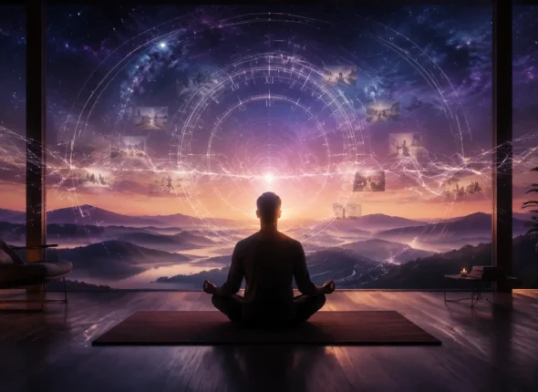 Persona meditando ante un paisaje cósmico que simboliza el tiempo y la conciencia