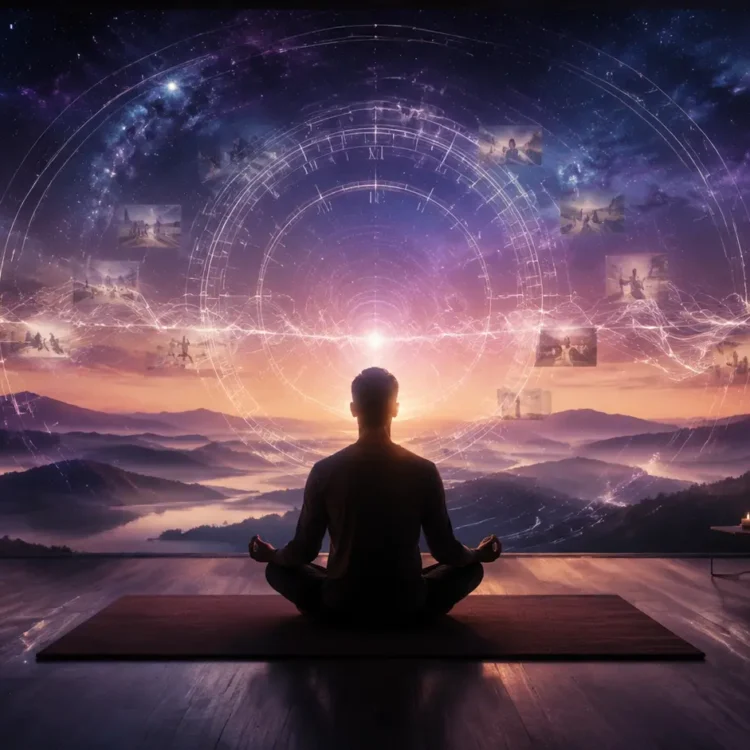 Persona meditando ante un paisaje cósmico que simboliza el tiempo y la conciencia