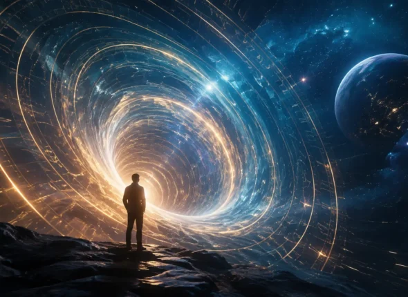 Silueta humana frente a un túnel luminoso que representa un viaje en el tiempo