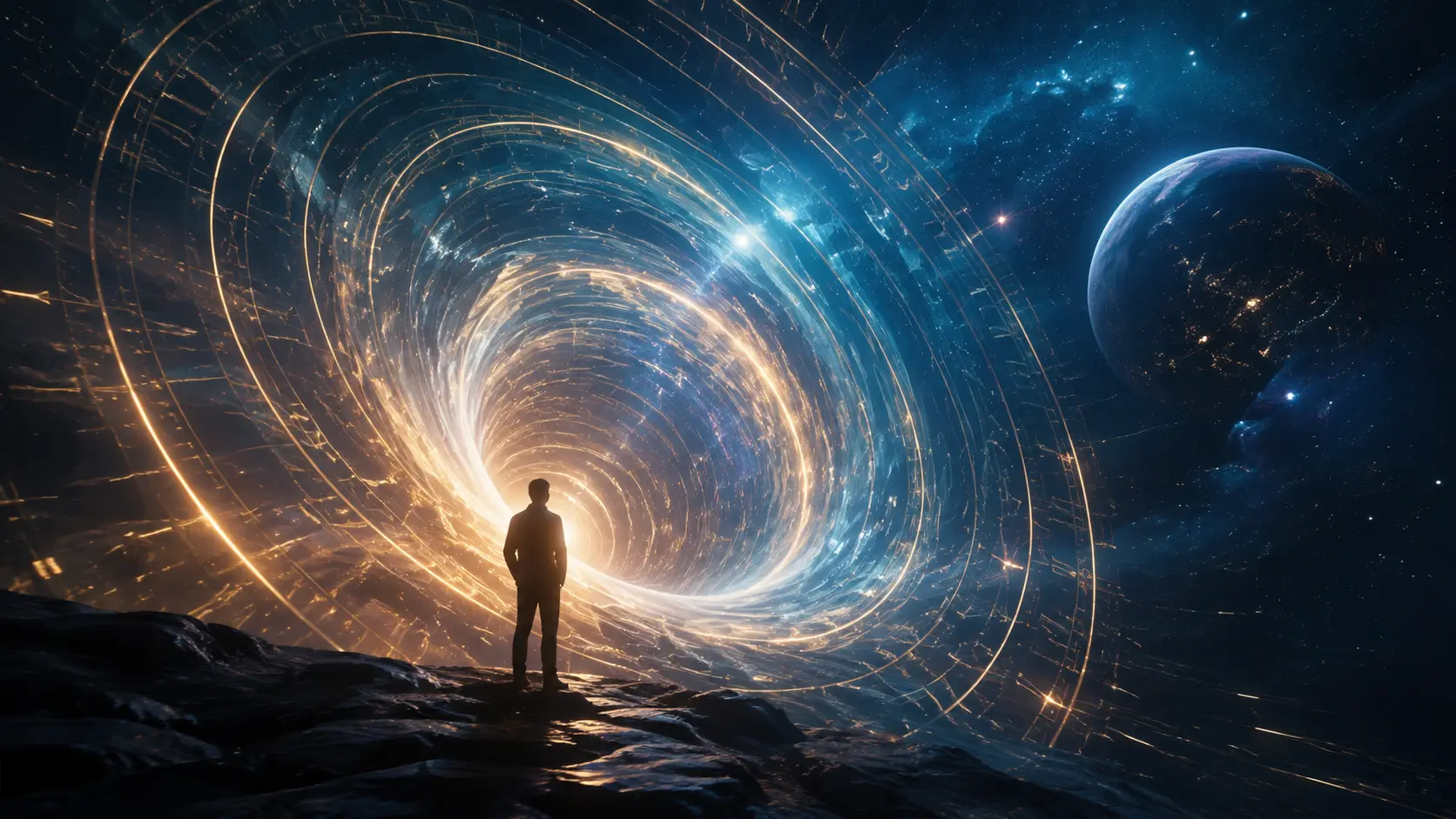 Silueta humana frente a un túnel luminoso que representa un viaje en el tiempo